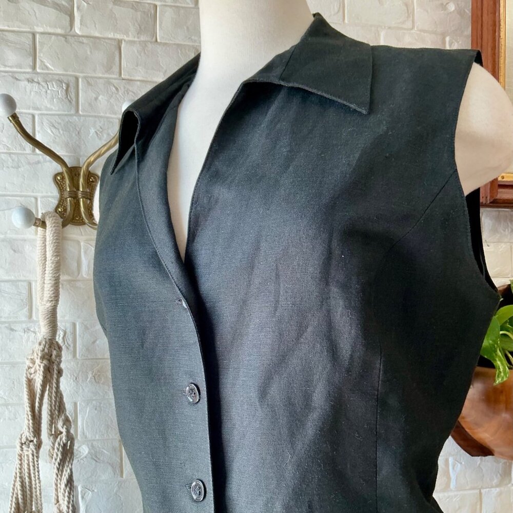 Vintage 1990s Minimalist Kasper Linen Blend Classic Grey Collared Tie Back Vest - Picture 4 of 11